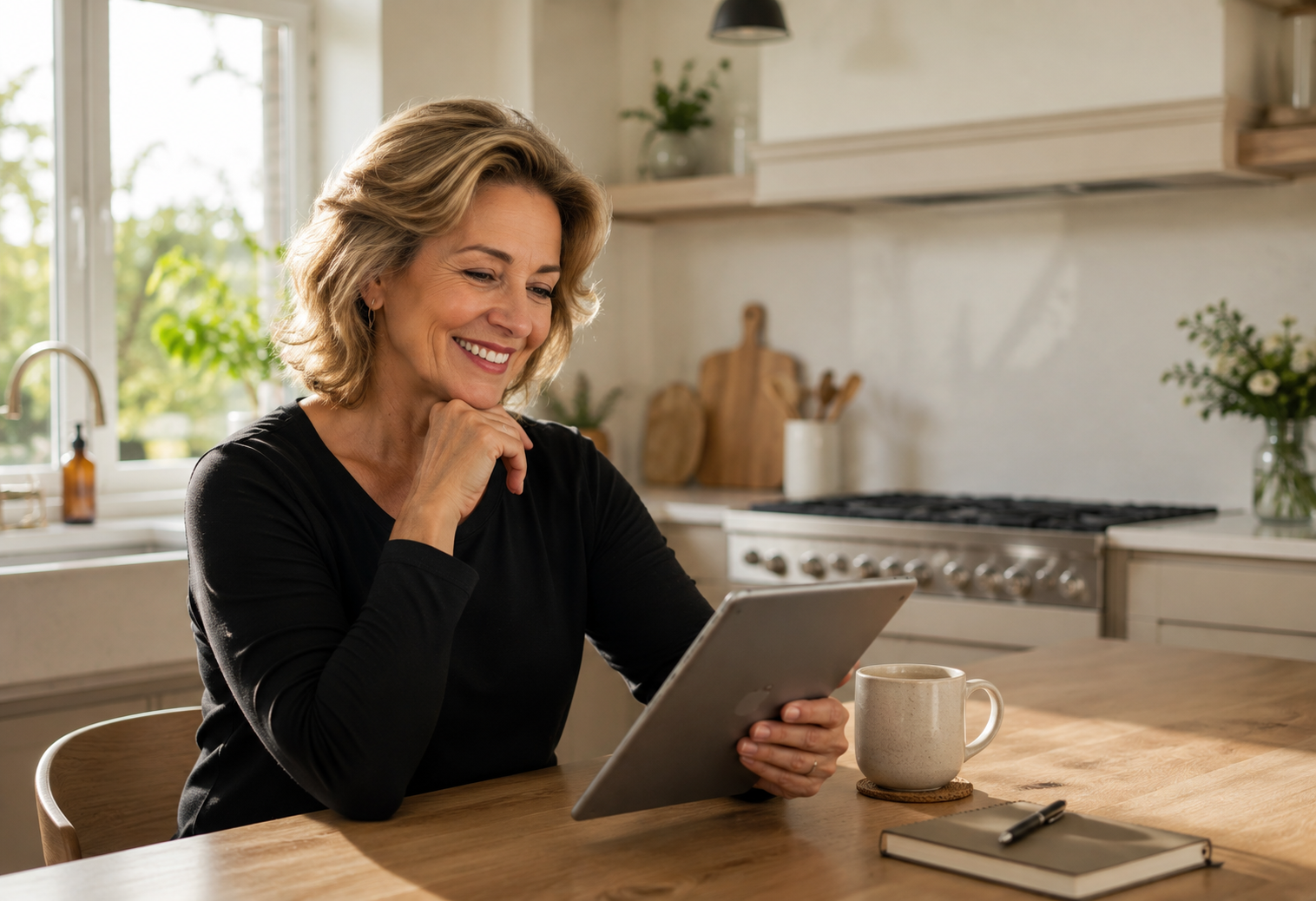 Woman over 40 reading a fitness guide at her kitchen table