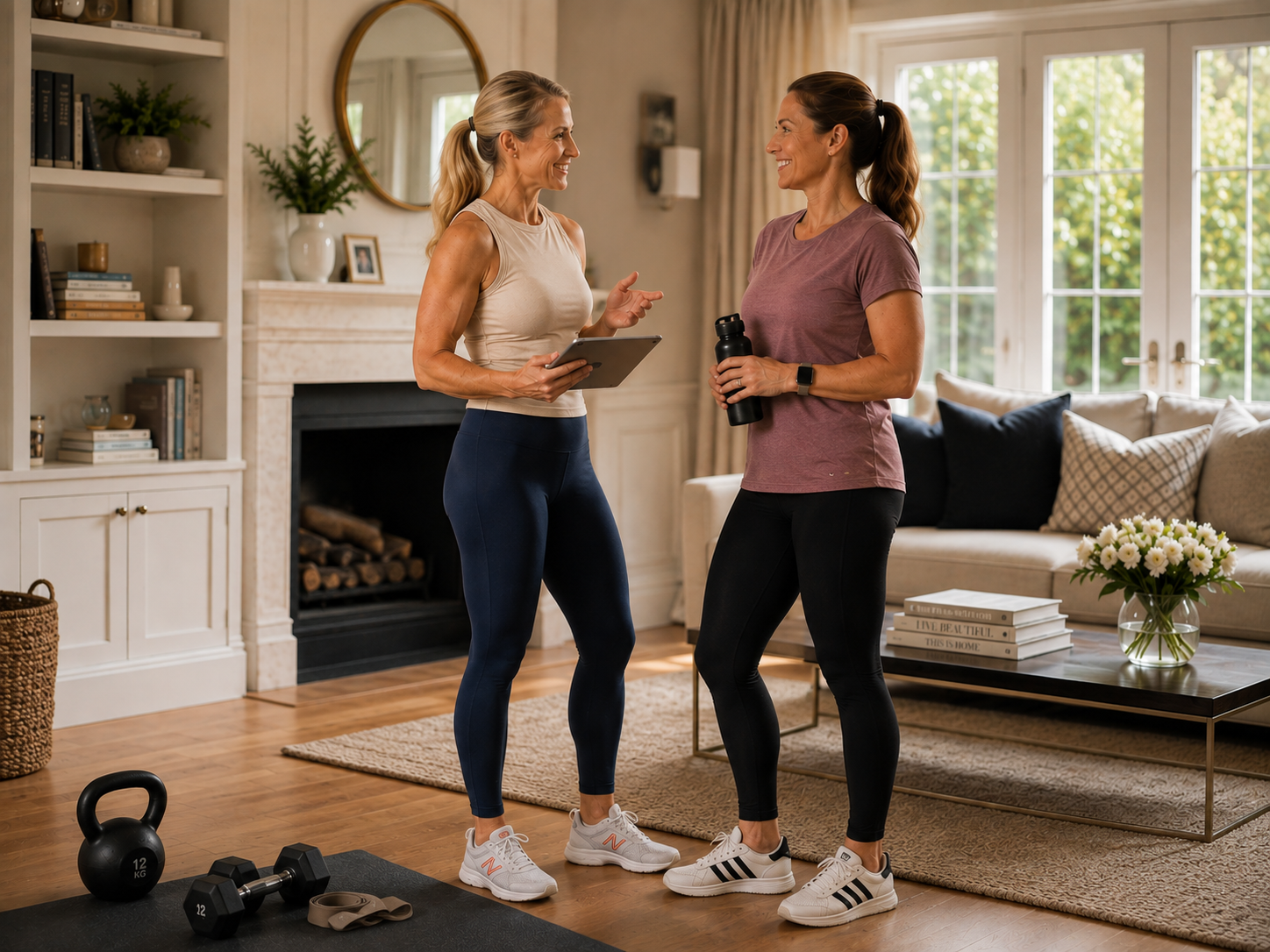 Personal trainer talking with a client during a home training session